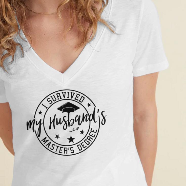 I Survived My Husband's Masters Degree Funny 2023 Graduation Women's Jersey Short Sleeve Deep V-Neck Tshirt