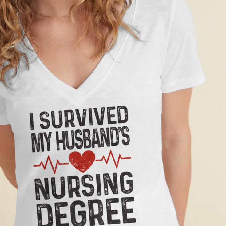 I Survived My Husband's Nursing Degree School Graduation Women's Jersey Short Sleeve Deep V-Neck Tshirt