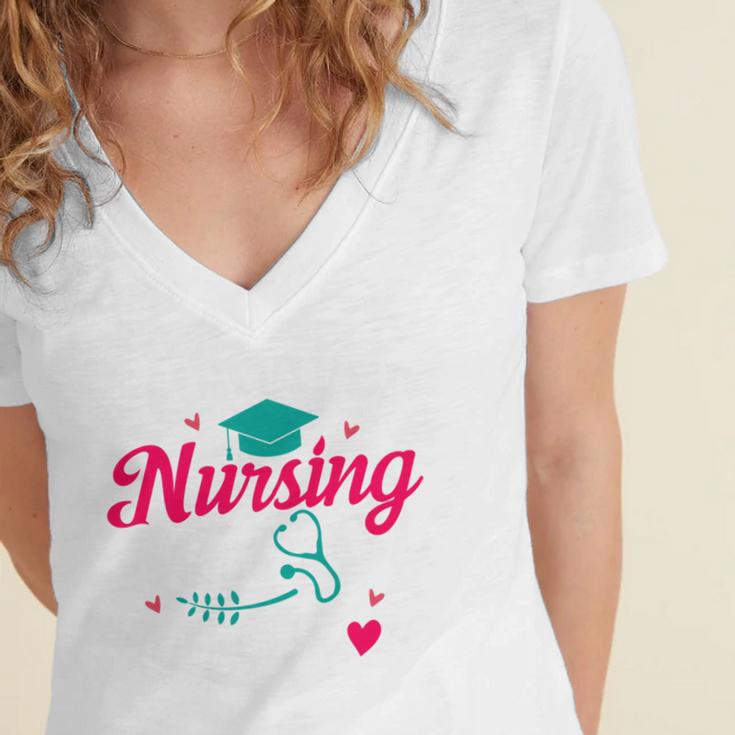 I Survived Nursing School Class Of 2026 Nurse Graduation Women's Jersey Short Sleeve Deep V-Neck Tshirt