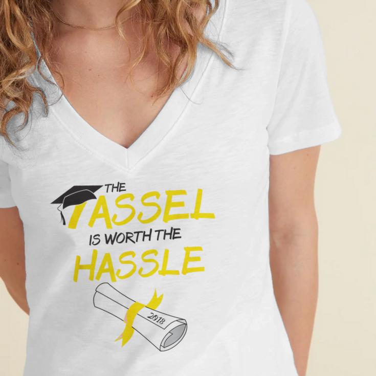 Tassel Worth The Hassle 2018 Graduation Quote Ylw Women's Jersey Short Sleeve Deep V-Neck Tshirt