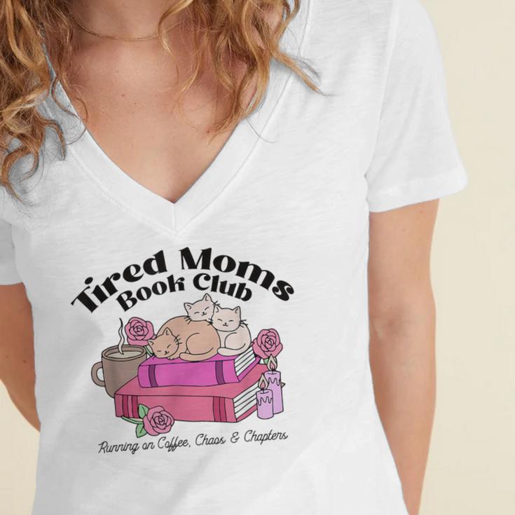 Tired Moms Book Club Running On Coffee Chaos And Chapter Cat Women's Jersey Short Sleeve Deep V-Neck Tshirt Tired Moms Book Club Running On Coffee Chaos And Chapter Cat Women's Jersey Short Sleeve Deep V-Neck Tshirt