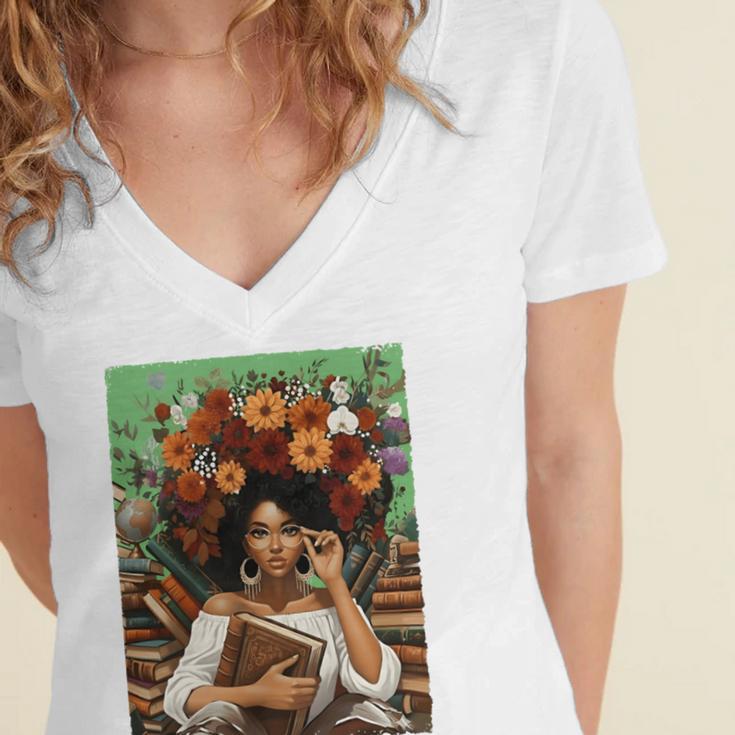 History Month Black Afro Girl Women Book Lovers Floral Women's Jersey Short Sleeve Deep V-Neck Tshirt