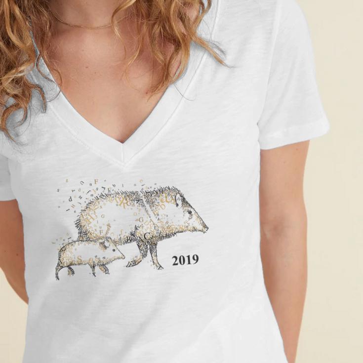 Tucson Festival Of Books TFOB 2019 Javelina Mascot Women's Jersey Short Sleeve Deep V-Neck Tshirt