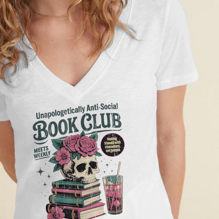 Unapologetically Anti Social Book Club Women's Jersey Short Sleeve Deep V-Neck Tshirt