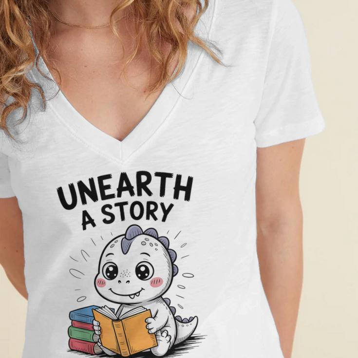 Unearth a Story Cute Dinosaur Summer Reading 2026 Dino Book Women's Jersey Short Sleeve Deep V-Neck Tshirt