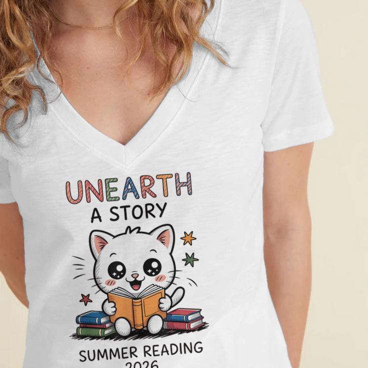 Unearth a Story Cute Kitten Summer Reading 2026 Cat Book Women's Jersey Short Sleeve Deep V-Neck Tshirt
