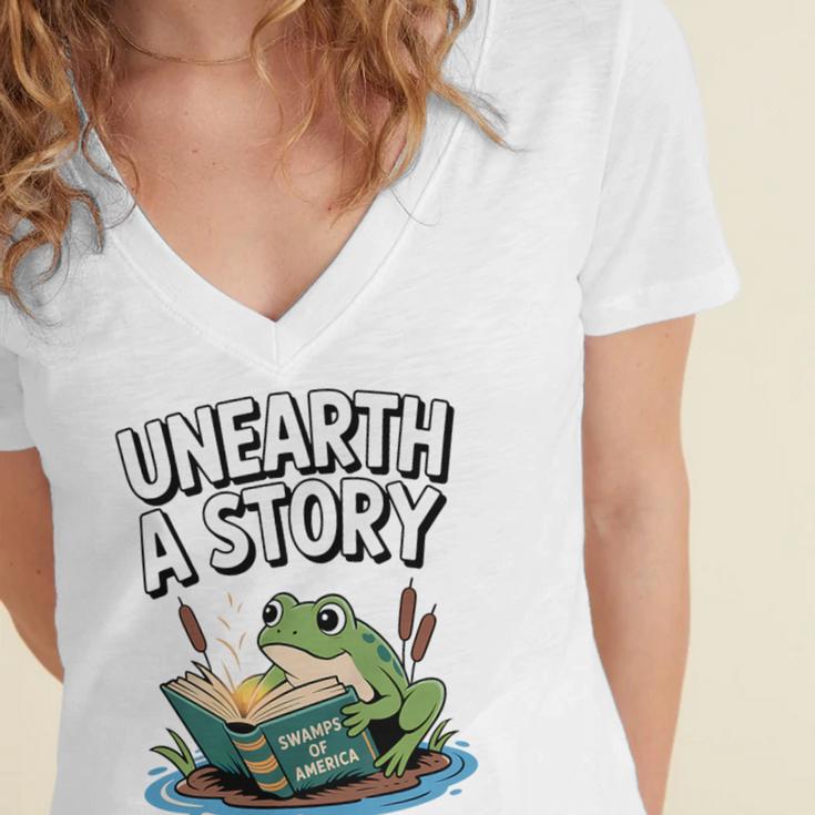 Unearth a Story Frog Reading a Book Summer 2026 Premium Tri-Blend Women's Jersey Short Sleeve Deep V-Neck Tshirt