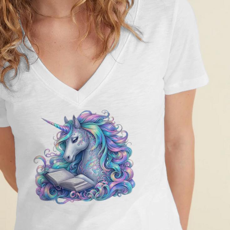 Unicorn Reading For Book Lovers Readers Women's Jersey Short Sleeve Deep V-Neck Tshirt Unicorn Reading For Book Lovers Readers Women's Jersey Short Sleeve Deep V-Neck Tshirt