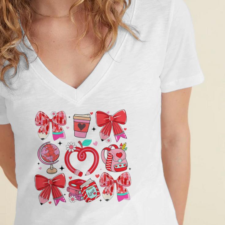 Valentine Teacher Coquette Bow Pencil Heart Book Girl Women Women's Jersey Short Sleeve Deep V-Neck Tshirt