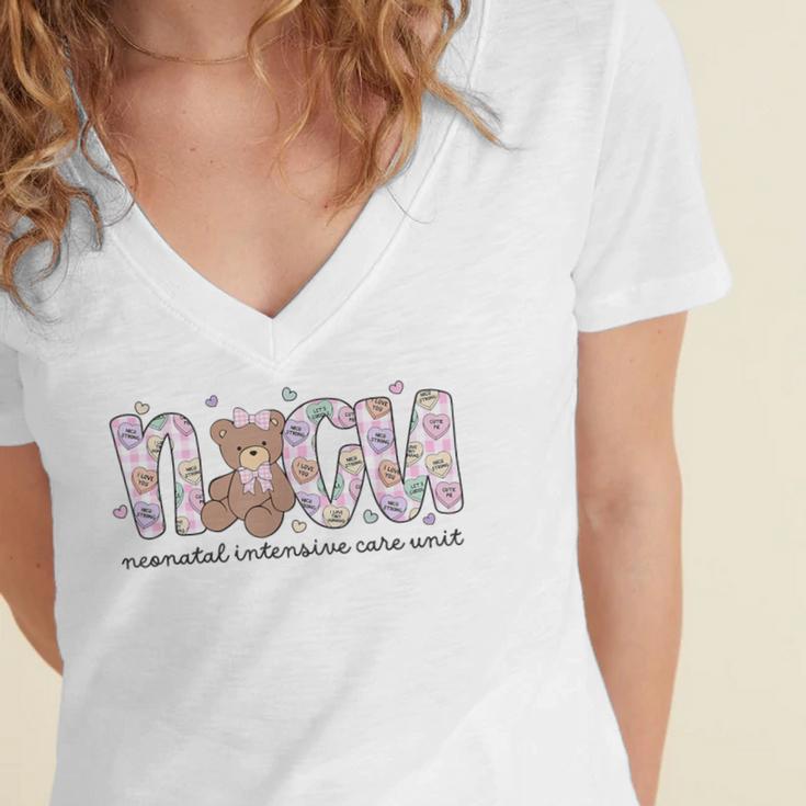 Valentines Day NICU Nurse Cute Bear Neonatal ICU Graduation Women's Jersey Short Sleeve Deep V-Neck Tshirt