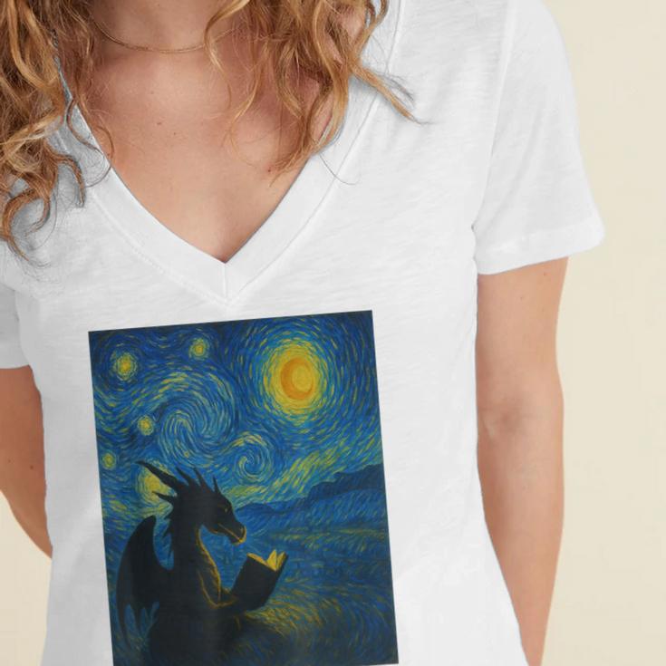 Van Gogh Starry Night Fantasy Reader Dragon Reading Book Women's Jersey Short Sleeve Deep V-Neck Tshirt Van Gogh Starry Night Fantasy Reader Dragon Reading Book Women's Jersey Short Sleeve Deep V-Neck Tshirt