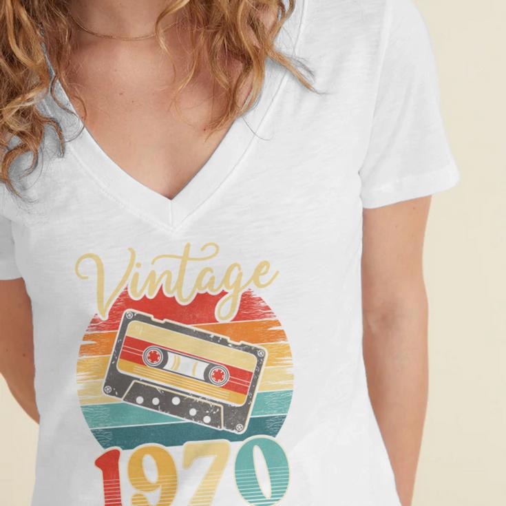 Vintage 1970 Retro Cassette Tape 70s Born Nostalgia Birthday Women's Jersey Short Sleeve Deep V-Neck Tshirt