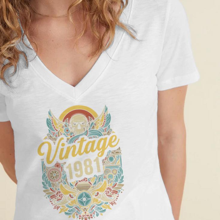 Vintage 1981 Retro Badge Nostalgia Eighties Compass Skull Premium Tri-Blend Women's Jersey Short Sleeve Deep V-Neck Tshirt