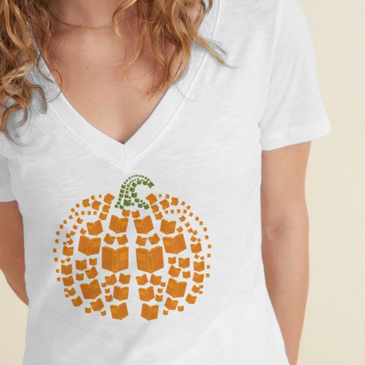 Vintage Book Pumpkin Autumn Fall Librarians Bookworm Teacher Women's Jersey Short Sleeve Deep V-Neck Tshirt