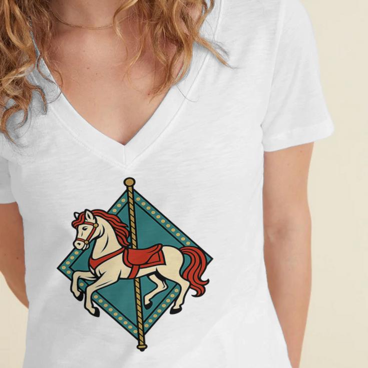 Vintage Carousel Horse Merry Go Round Nostalgia Art Premium Women's Jersey Short Sleeve Deep V-Neck Tshirt