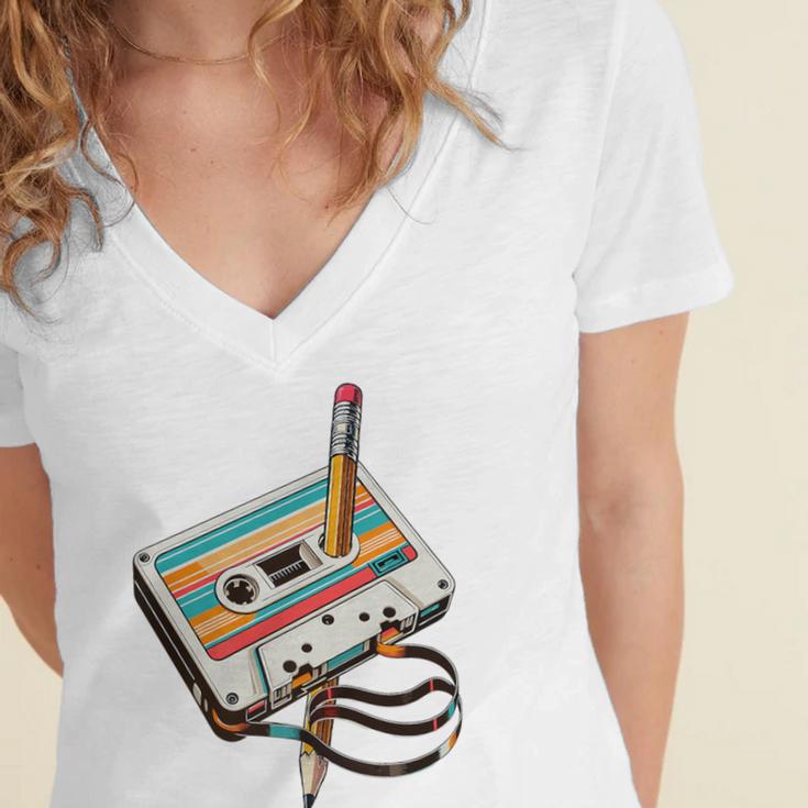 Vintage Cassette Tape And Pencil Nostalgia Party 70s 80s 90s Premium Women's Jersey Short Sleeve Deep V-Neck Tshirt