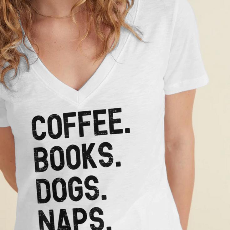 Vintage Coffee Books Dogs Naps Retro Women's Jersey Short Sleeve Deep V-Neck Tshirt