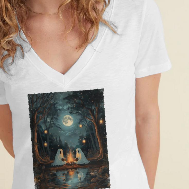 Vintage Ghost Book Reading Camping Gothic Halloween Teachers Women's Jersey Short Sleeve Deep V-Neck Tshirt