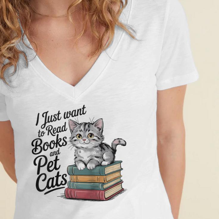 Vintage I Just Want To Read Books And Pet Cats Cat Raglan Baseball Tee Women's Jersey Short Sleeve Deep V-Neck Tshirt Vintage I Just Want To Read Books And Pet Cats Cat Raglan Baseball Tee Women's Jersey Short Sleeve Deep V-Neck Tshirt