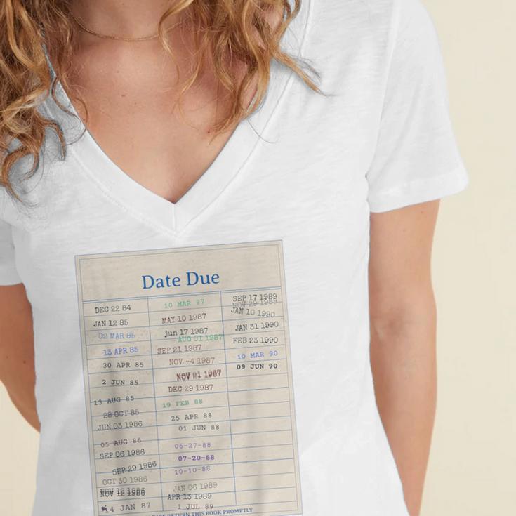 Vintage Library Due Date Card For Book Lovers Librarians Women's Jersey Short Sleeve Deep V-Neck Tshirt Vintage Library Due Date Card For Book Lovers Librarians Women's Jersey Short Sleeve Deep V-Neck Tshirt