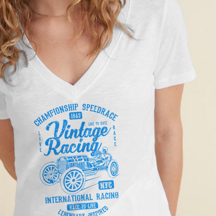 Vintage Racing Automotive Nostalgia Distressed Car Women's Jersey Short Sleeve Deep V-Neck Tshirt