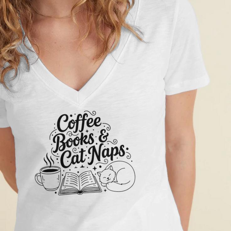 Vintage Retro Coffee Books & Cat Naps Women's Jersey Short Sleeve Deep V-Neck Tshirt