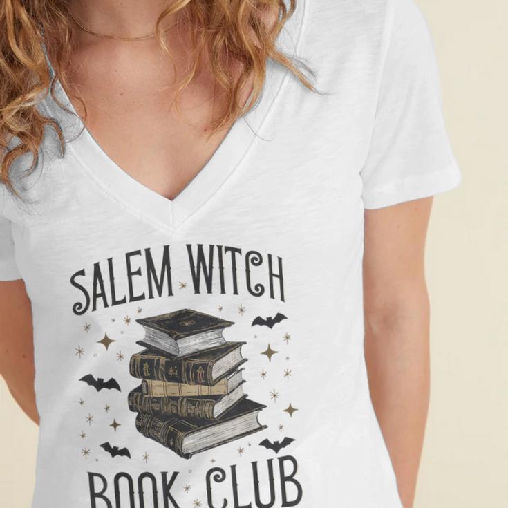 Vintage Salem Book Club Cat Bookish Spooky Halloween Women's Jersey Short Sleeve Deep V-Neck Tshirt