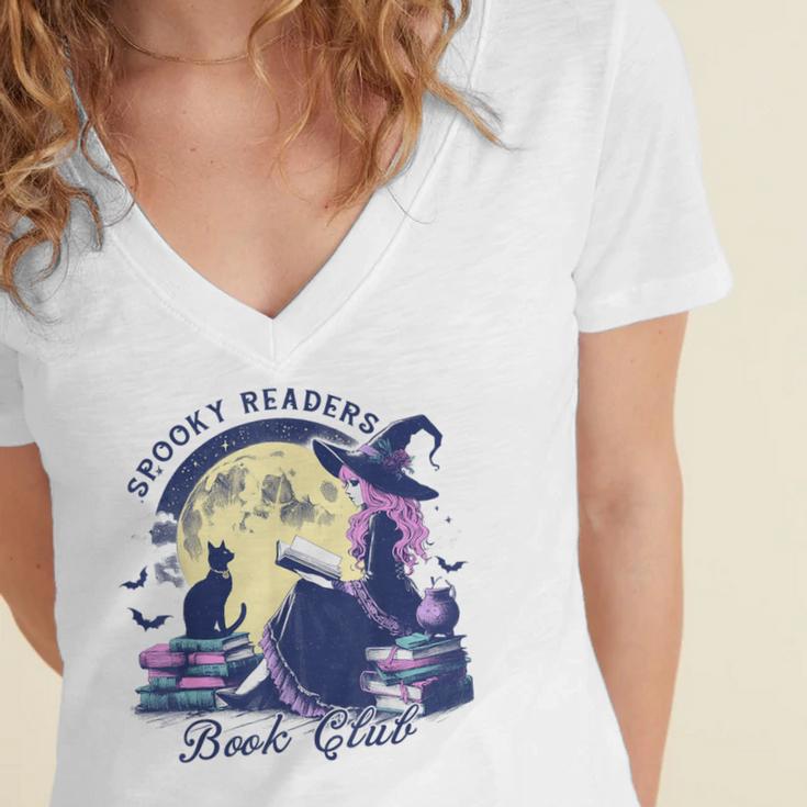 Vintage Sexy Witch Spooky Readers Book Lover Club Halloween Women's Jersey Short Sleeve Deep V-Neck Tshirt