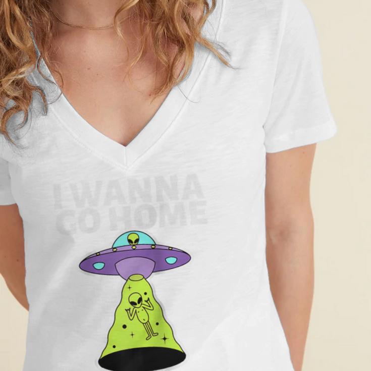 I Wanna Go Home Introvert UFO UAP Flying Saucer Trippy Alien Raglan Baseball Tee Women's Jersey Short Sleeve Deep V-Neck Tshirt
