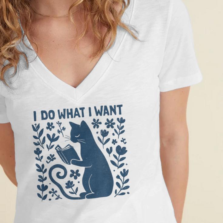 I Do What I Want Cat Reading Book Boho Flowers Vintage Women's Jersey Short Sleeve Deep V-Neck Tshirt