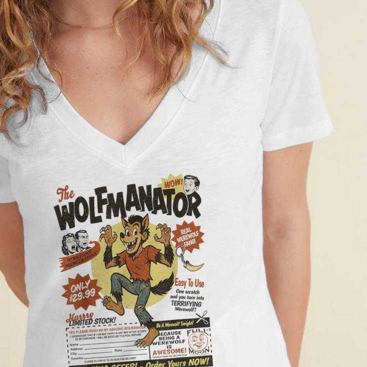 Werewolf Wolfmanator Nostalgia Vintage Halloween Women's Jersey Short Sleeve Deep V-Neck Tshirt Werewolf Wolfmanator Nostalgia Vintage Halloween Women's Jersey Short Sleeve Deep V-Neck Tshirt