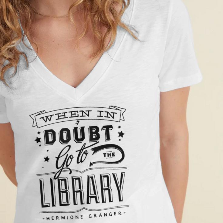 When In Doubt Go To The Library Teacher Vintage Book Lovers Women's Jersey Short Sleeve Deep V-Neck Tshirt