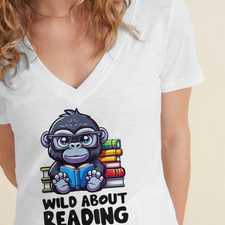 Wild About Reading Book Lover Gorilla Women's Jersey Short Sleeve Deep V-Neck Tshirt