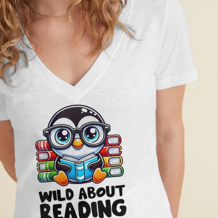 Wild About Reading Book Lover Penguin Women's Jersey Short Sleeve Deep V-Neck Tshirt Wild About Reading Book Lover Penguin Women's Jersey Short Sleeve Deep V-Neck Tshirt