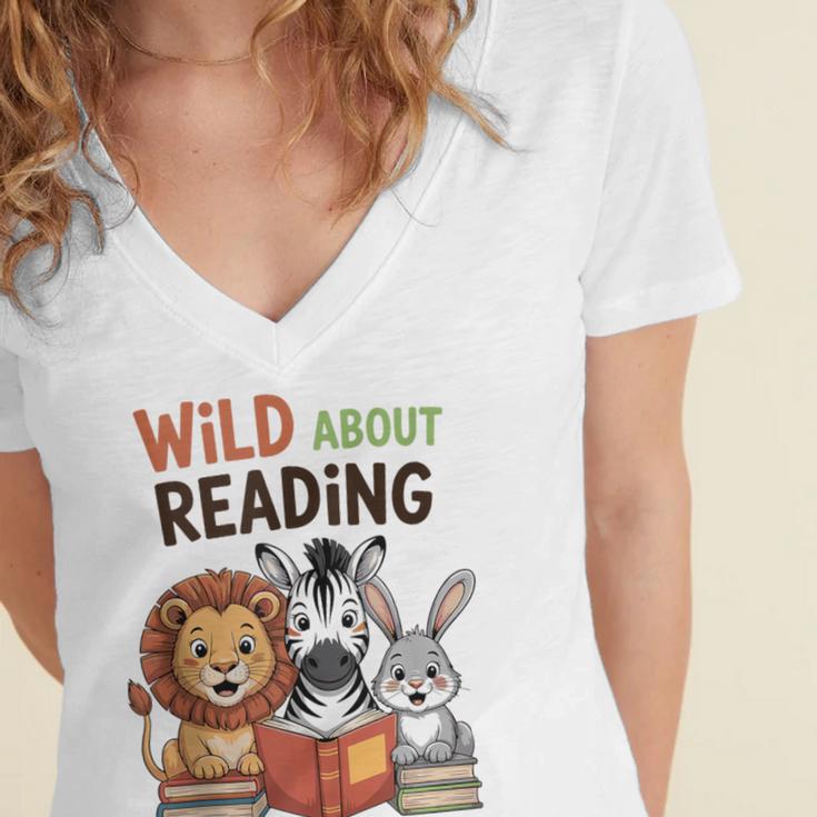 Wild About Reading Zoo Animals For Bookworm Book Reader Women's Jersey Short Sleeve Deep V-Neck Tshirt Wild About Reading Zoo Animals For Bookworm Book Reader Women's Jersey Short Sleeve Deep V-Neck Tshirt
