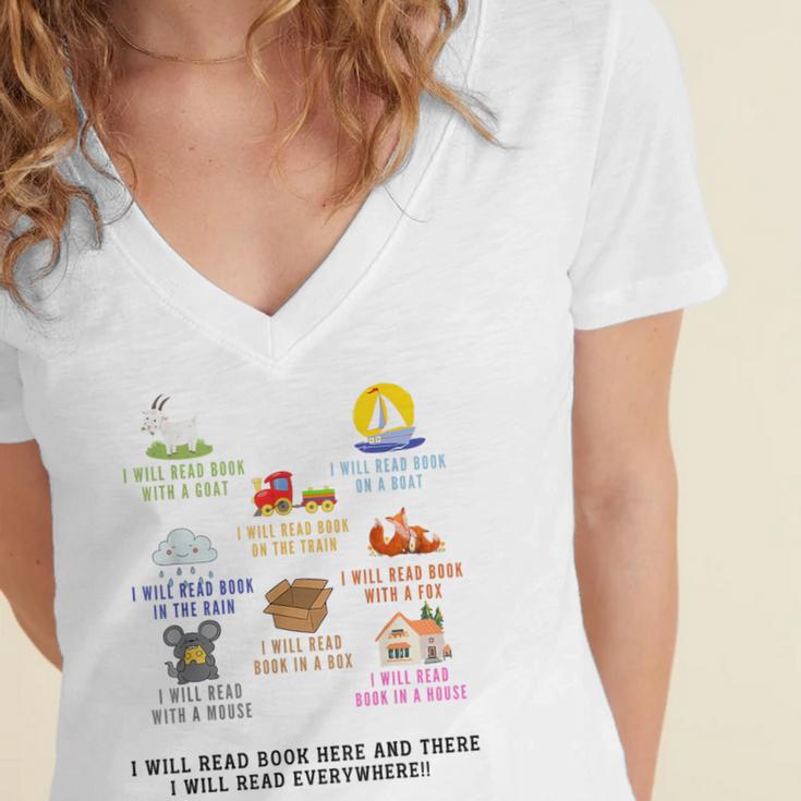 I Will Read Books On A Boat And Everywhere Reading Teachers Women's Jersey Short Sleeve Deep V-Neck Tshirt