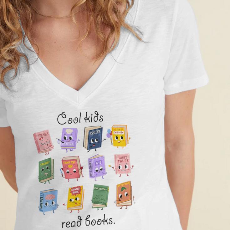 Women Cool Kids Read Books Teacher Back To School Librarian Women's Jersey Short Sleeve Deep V-Neck Tshirt