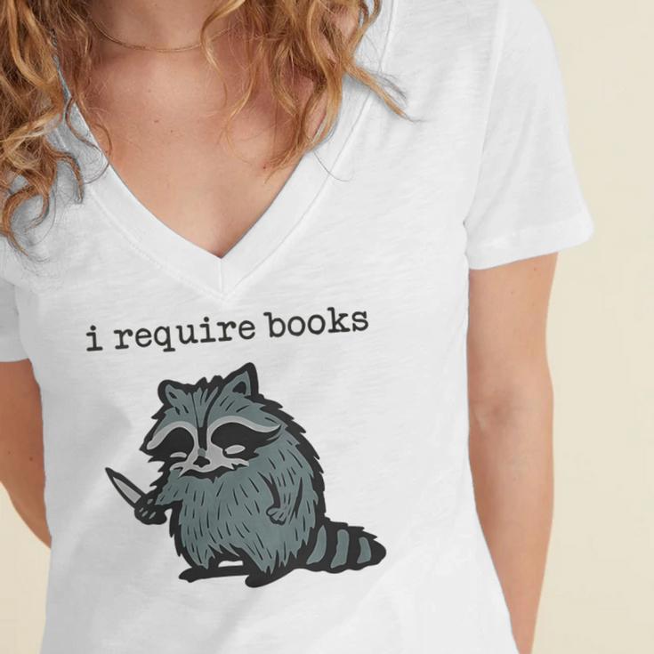 Women's i Require Books Raccoon Women's Jersey Short Sleeve Deep V-Neck Tshirt