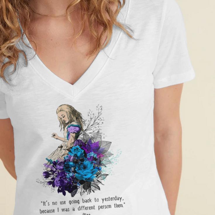 Women's Vintage Book Quote It’s No Use Going Back To Yesterday Women's Jersey Short Sleeve Deep V-Neck Tshirt Women's Vintage Book Quote It’s No Use Going Back To Yesterday Women's Jersey Short Sleeve Deep V-Neck Tshirt