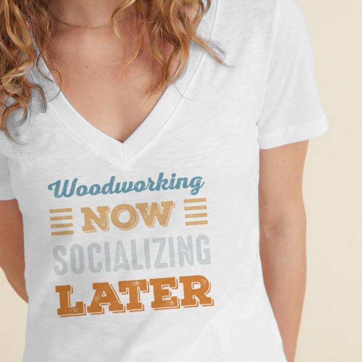 Woodworking Now Minimal Socializing Introvert Vintage Women's Jersey Short Sleeve Deep V-Neck Tshirt