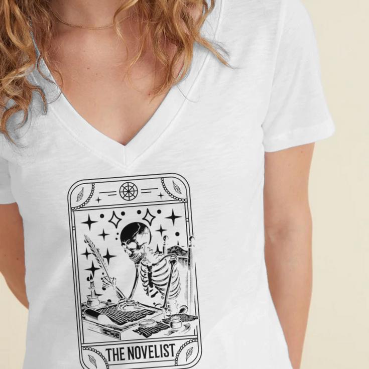 Writer Novelist Book Poetry Author Skeleton Tarot Card Women's Jersey Short Sleeve Deep V-Neck Tshirt Writer Novelist Book Poetry Author Skeleton Tarot Card Women's Jersey Short Sleeve Deep V-Neck Tshirt