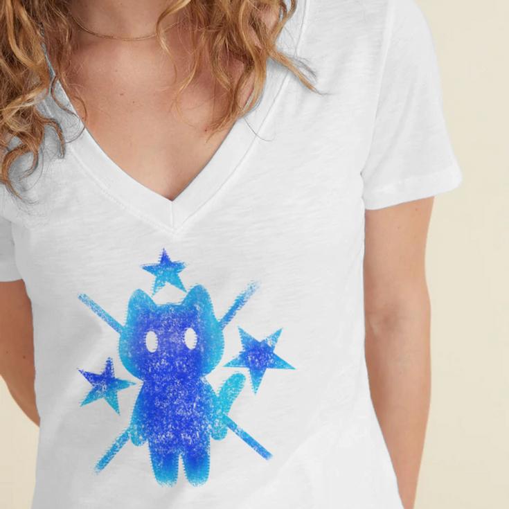Yk2 Grunge Earthy Blue Cat With Stars Tomboy 90s Nostalgia Women's Jersey Short Sleeve Deep V-Neck Tshirt Yk2 Grunge Earthy Blue Cat With Stars Tomboy 90s Nostalgia Women's Jersey Short Sleeve Deep V-Neck Tshirt