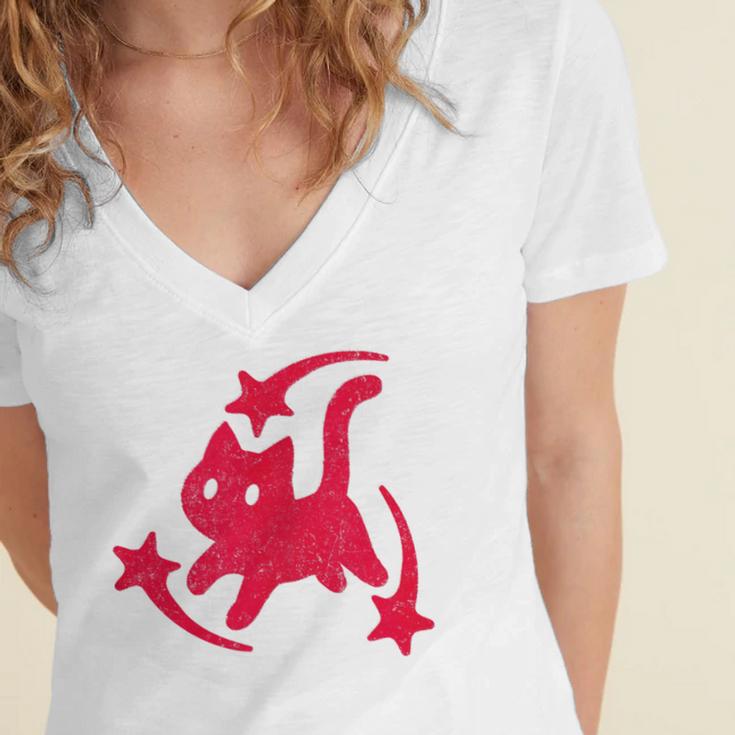 Yk2 Grunge Scary Cat With Shooting Stars 90s Nostalgia Women's Jersey Short Sleeve Deep V-Neck Tshirt Yk2 Grunge Scary Cat With Shooting Stars 90s Nostalgia Women's Jersey Short Sleeve Deep V-Neck Tshirt