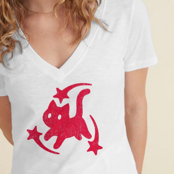 Yk2 Grunge Scary Cat With Shooting Stars 90s Nostalgia Women's Jersey Short Sleeve Deep V-Neck Tshirt Yk2 Grunge Scary Cat With Shooting Stars 90s Nostalgia Women's Jersey Short Sleeve Deep V-Neck Tshirt