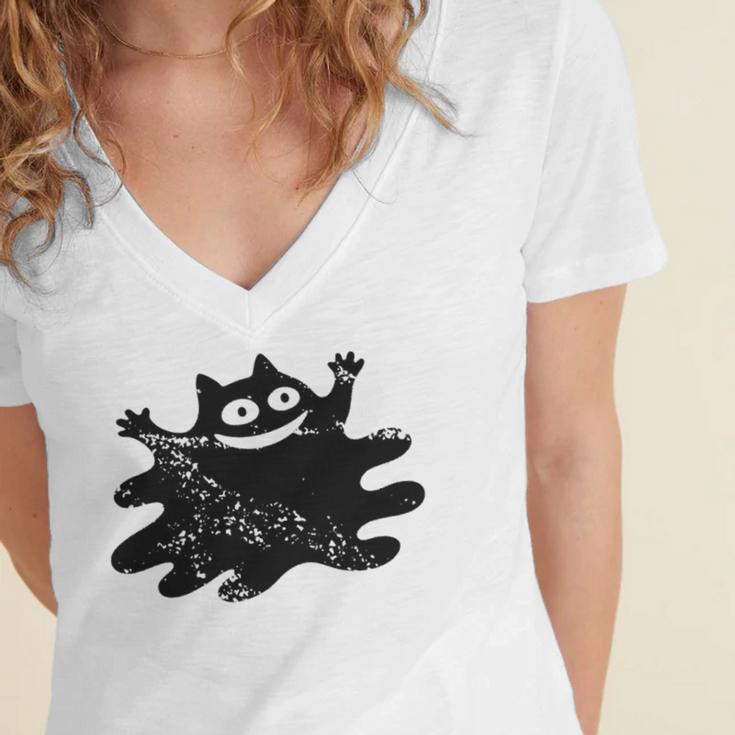 Yk2 Grunge Scary Cat With Tail Tomboy 90s Nostalgia Indie Women's Jersey Short Sleeve Deep V-Neck Tshirt