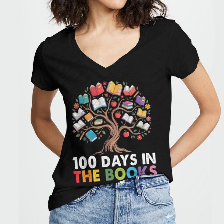 100 Days In The Books Reading Teachers Librarians School Women's Jersey Short Sleeve Deep V-Neck Tshirt