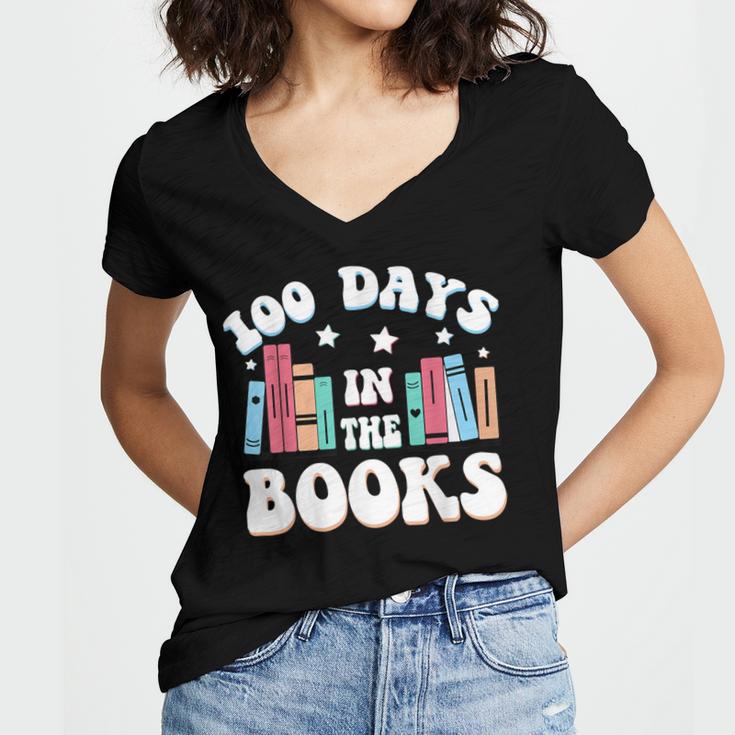 100 Days In The Books School Reading Celebration Women's Jersey Short Sleeve Deep V-Neck Tshirt