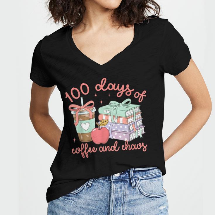 100 Days Of Coffee And Chaos Coquette Bow Book Apple Women's Jersey Short Sleeve Deep V-Neck Tshirt 100 Days Of Coffee And Chaos Coquette Bow Book Apple Women's Jersey Short Sleeve Deep V-Neck Tshirt