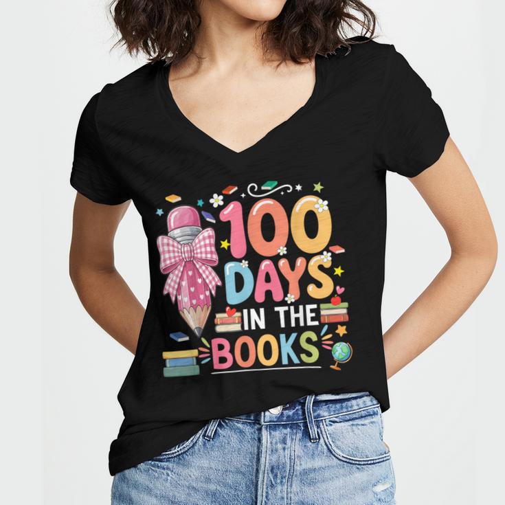 100th Day Of School Teacher Floral 100 Days In The Books Women's Jersey Short Sleeve Deep V-Neck Tshirt 100th Day Of School Teacher Floral 100 Days In The Books Women's Jersey Short Sleeve Deep V-Neck Tshirt