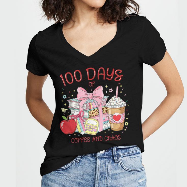 100th Day Of School Teachers 100 Days Of Coffee Chaos Books Women's Jersey Short Sleeve Deep V-Neck Tshirt